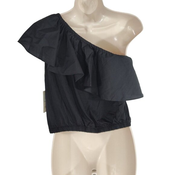 A New Day Black One Shoulder Crop Top Women Size XS Ruffle Neckline Banded Hem - Picture 4 of 8